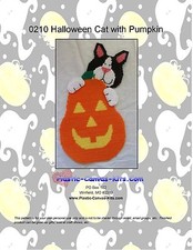 Halloween Black Cat Holding Pumpkin-Plastic Canvas Pattern or Kit