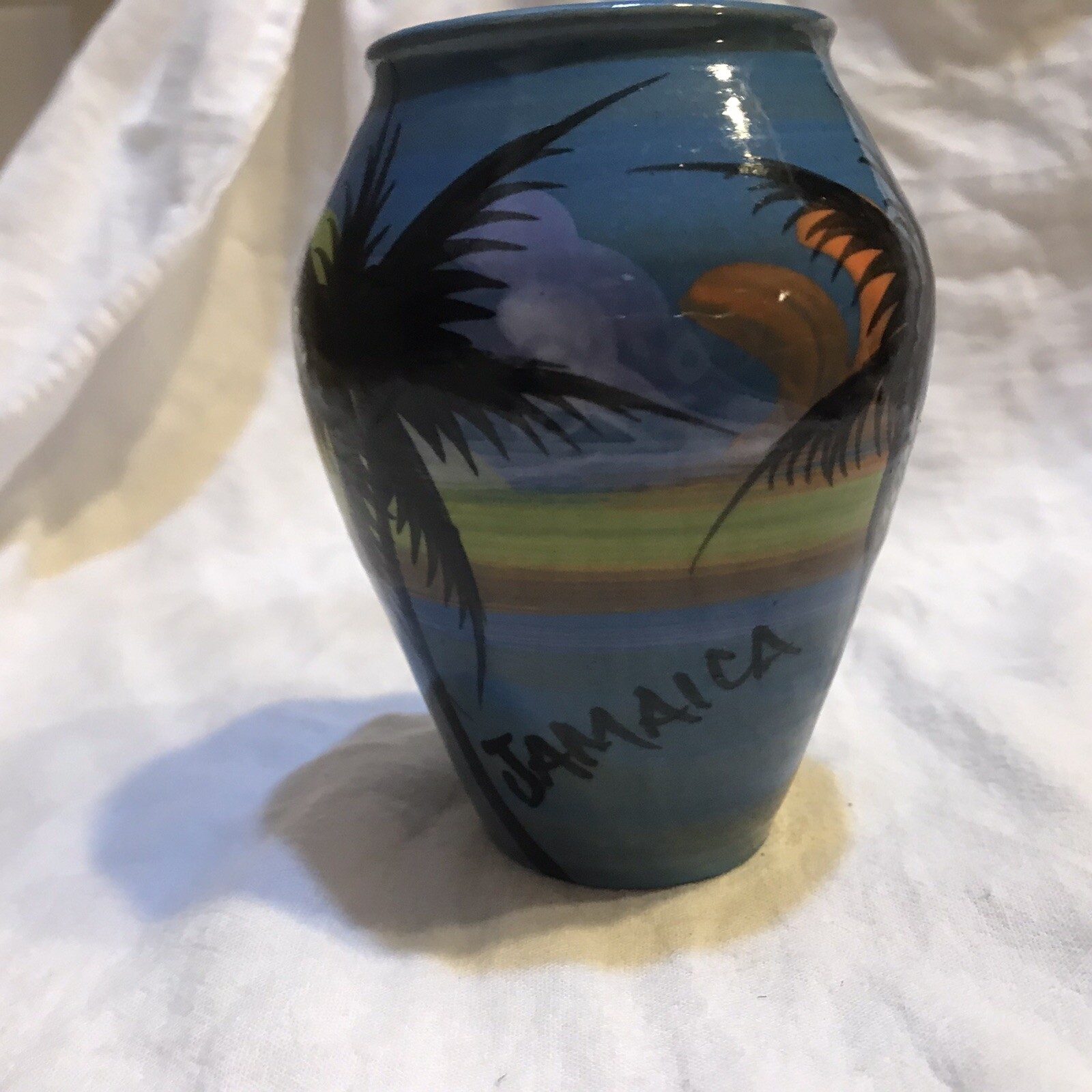 Jamaica Wassi Art Studio Pottery Vase Palm Trees Birds Sunset Signed by