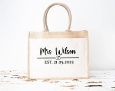 Personalised Mrs Surname Jute Bag, Wedding Bag, Bride to be bag, Honeymoon bag
