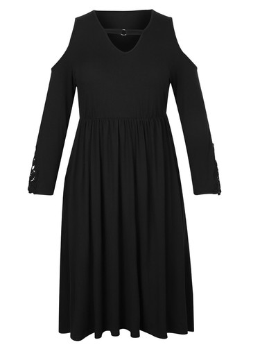 Plus Size Women Gothic Cold Shoulder Midi Dress Pockets Ruffle Swing Party Dress - Picture 6 of 16
