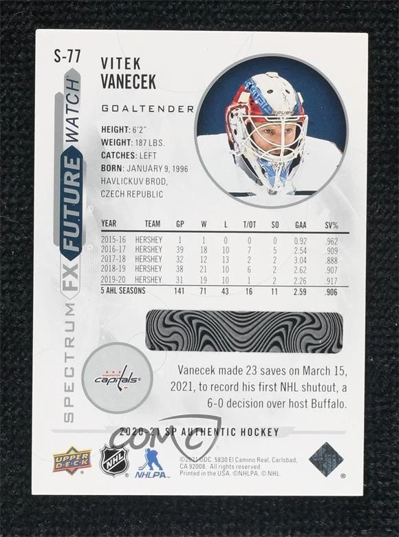 2020 SP Authentic Bounty Spectrum FX Future Watch Vitek Vanecek #S-77 Rookie RC - Image 2 of 2