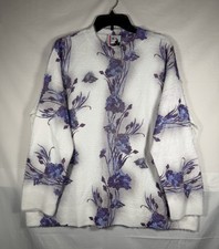 Floral Plush Crewneck Sweater - White with Purple Floral