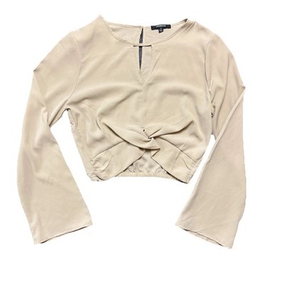 Ambiance Tan Boho Keyhole Bell Sleeve Crop Top Front Twist Shirt Size Small