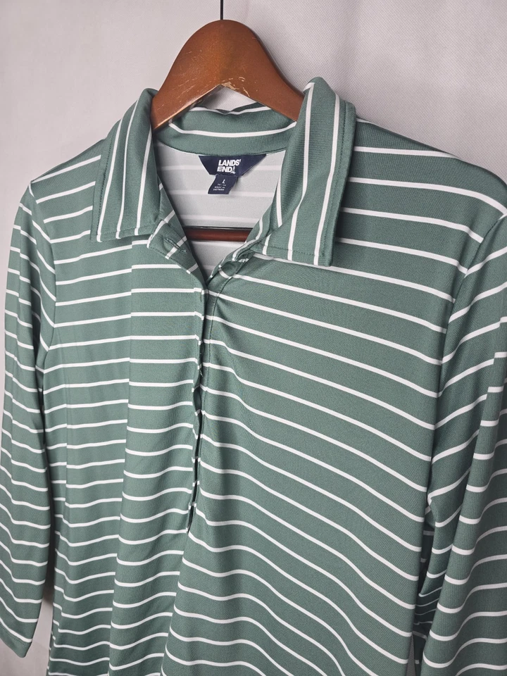 Camisa Polo Lands' End Verde Blanco Rayas Jersey Nylon Manga 3/4 L 14-16 Foto 4 de 4