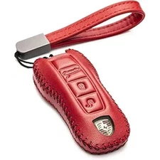 Genuine Leather Smart Key Fob Case Cover Protector with Leather Key Strap Red