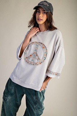 Easel Floral Peace Sign Patch Washed Terry Knit Top Women's
