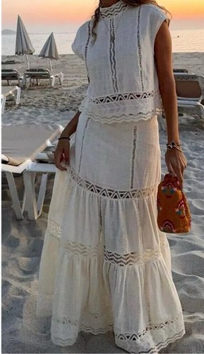 Zara ZW Collection Long High Waist Crochet Skirt Ecru Size XL 2731/246