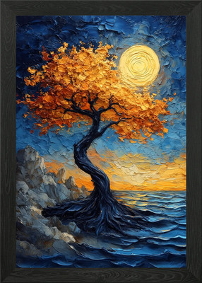 Goldener Baum am Meer Gemälde gerahmt Wandbild Poster Leinwanddruck Bild