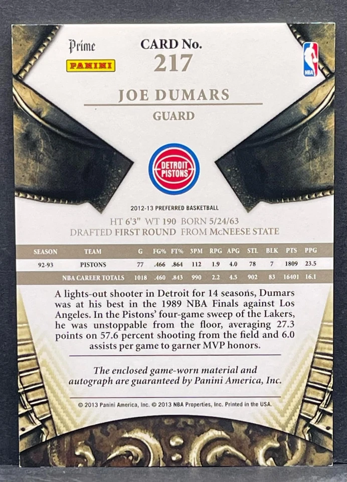 2012-13 Preferred Joe Dumars Crown Royale Silhouettes Game-Used Patch Auto /25 - Image 2 of 2