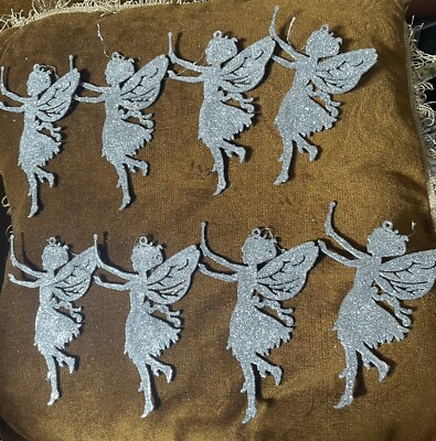 Christmas Fairy Ornaments Silver Glitter Set Of 8 Faerie Pixie 