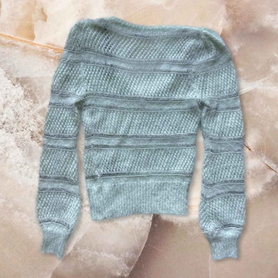 Vintage Y2K Bebe Eyelash Knit Fuzzy Mint Green Silver Open Knit Sweater Size M - Image 2 of 4
