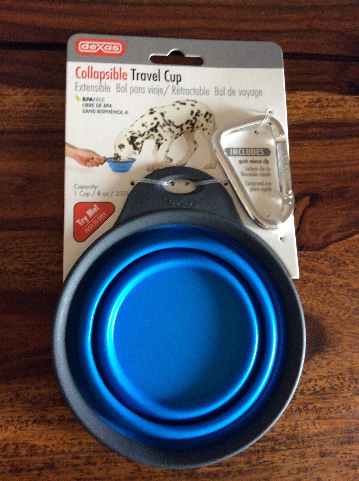 Dexas Collapsible Dog Bowl / Travel Cup with Carabiner Clip - Small Blue 8oz