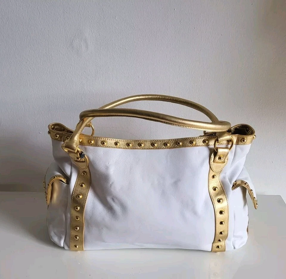 Bolso Beverly Feldman Dorado Bordado Doble Asas Borla Cuero Blanco Exótico Foto 2 de 4