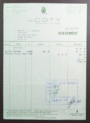 1932 Coty Limited, (Kosmetikhersteller) Stratford Place, London Statement