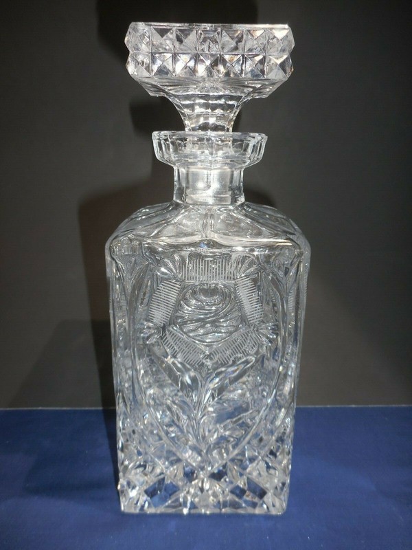 Square Decanter Diamond Cut Rose Flower with Stopper Clear Vintage 