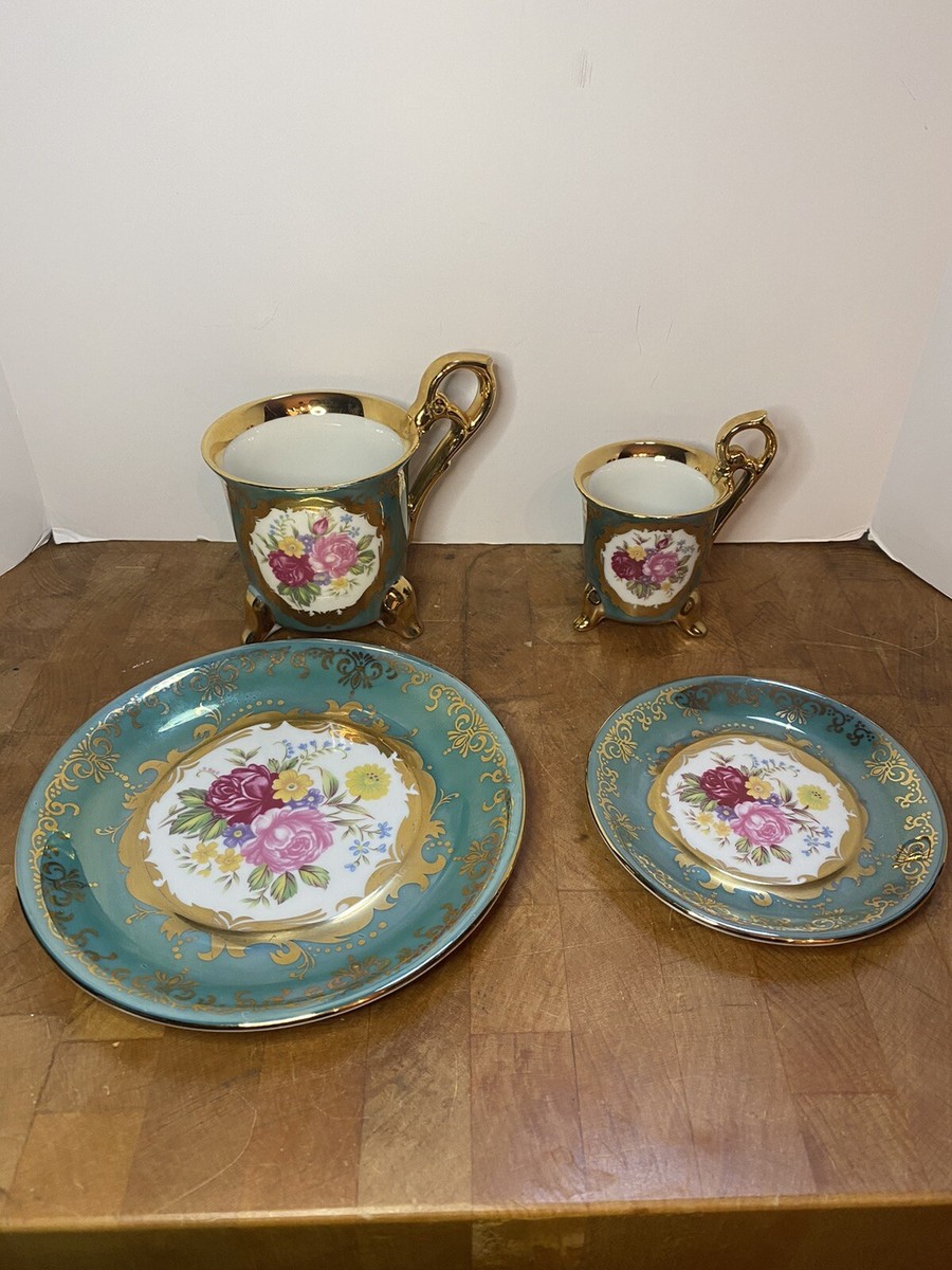 Antique 1932 Porcelain Ohashi Footed Tea Cup & Demitasse Set GREEN