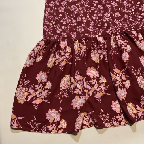 J. Abito donna Crew 12 drappeggi manica svolazzante floreale midi fiori bordeaux nuovo con etichette - Foto 2 di 11