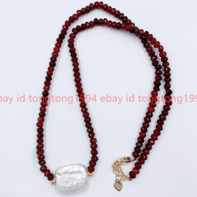 Facettiert 2x4mm Rot Granat & 15x20mm Weiß Perle Anhänger Halskette 16-36''