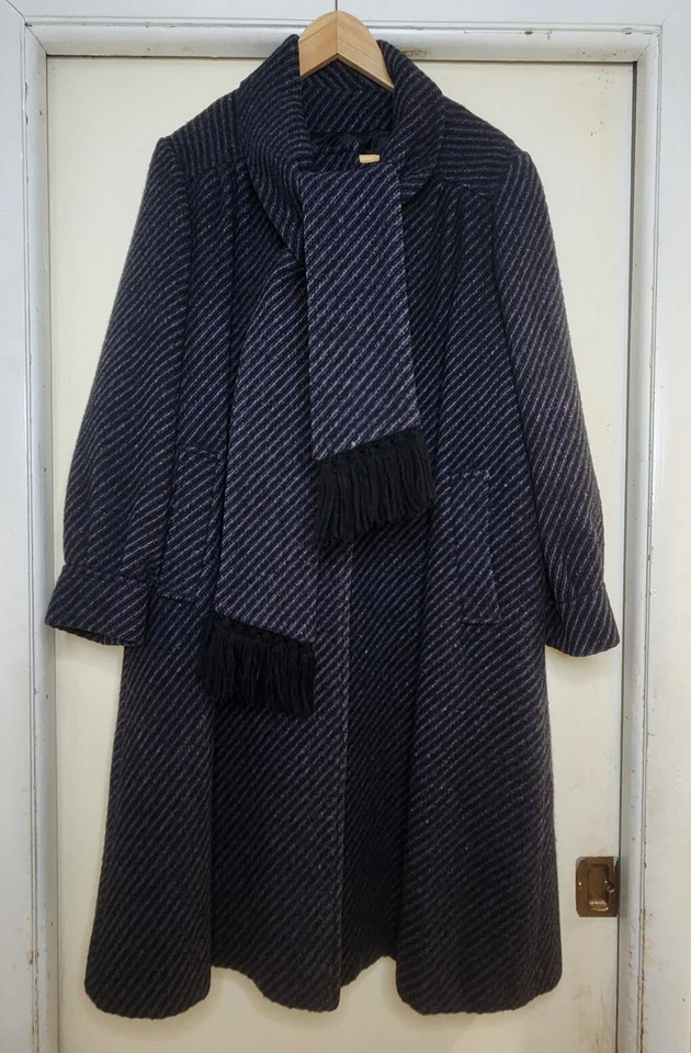 Vtg Tweed Wool Fringe Scarf Coat Women's L Black Purple Blue Striped Retro Femme