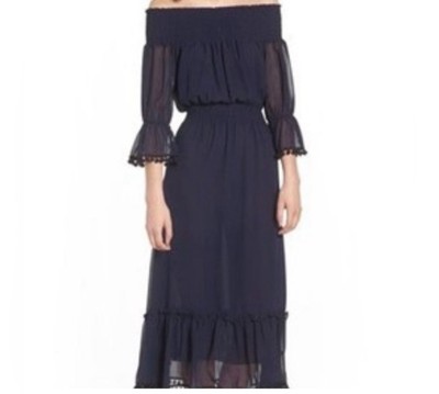 Misa Los Angeles Navy Smocked Cottage Gore Pom Midi Dress Women s XS Read