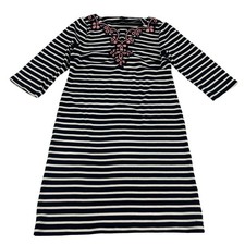 Talbots Sheath Dress Petite's Medium MP Navy Blue White Stripes Embellished Neck