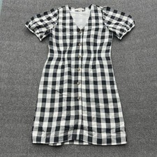 LOFT Dress 4 Black White Gingham Linen Blend Button Front Puff Sleeve Shift