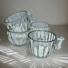 1950's Set of 4 Jeannette Glass Cups National Clear Ribbed Pattern Vintage