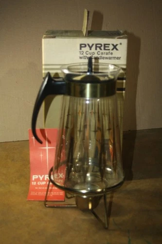 Vintage Pyrex Glass 12 Cup Carafe w/ Warmer Stand -Original Box & Paperwork