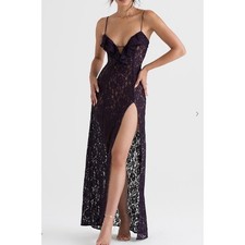 House of CB London MALIANight Shade Lace Maxi Dress Plum Ruffle Slit Formal XS