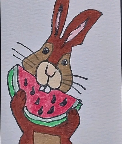 ACEO Original Art Card ATC Watercolor OOAK Signed Bunny Rabbit Watermelon By GAT
