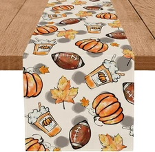 13x108 Inch Fall Pumpkins Football Drink Table Runner Seasonal Autumn