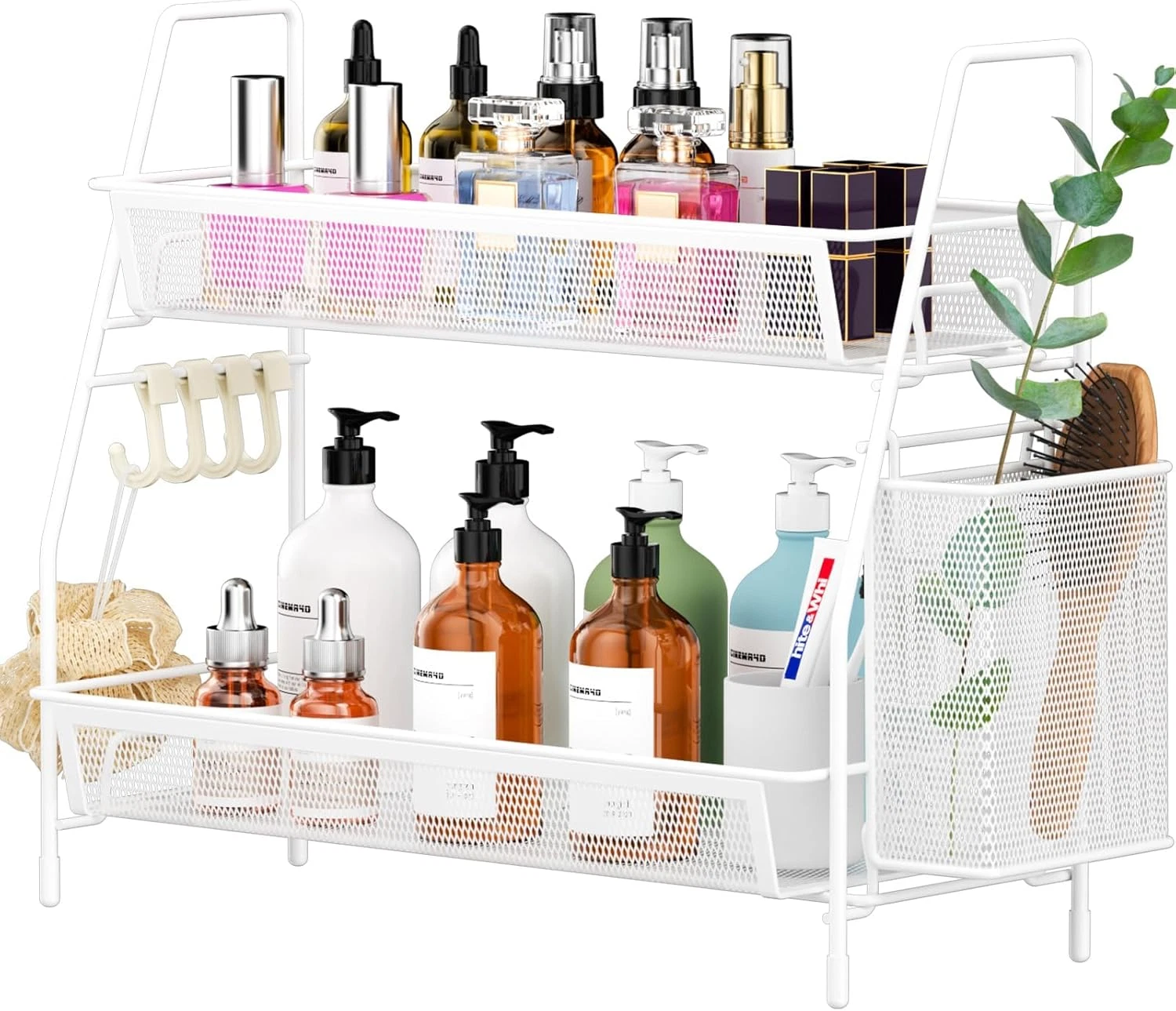 Spice Racks, 2 Tier Cupboard Shelf Organiser with 4 Hooks and Side Basket, Kitch