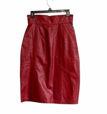 Vtg Red Leather Midi Pencil Skirt Small High Waisted Luxury Statement 80's