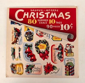 Vtg Happe-Merree Christmas 80 Gummed Seals & 10 Tags Fred Fear Co USA