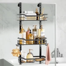 LEVERLOC Over The Door Shower Caddy, Shelf Distance Adjustable Hanging Rack S...