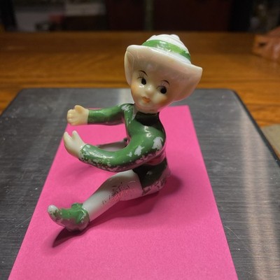 1 Vintage Lefton? Candle Hugger Pixie Elf Christmas Figurine Green Japan Chipped