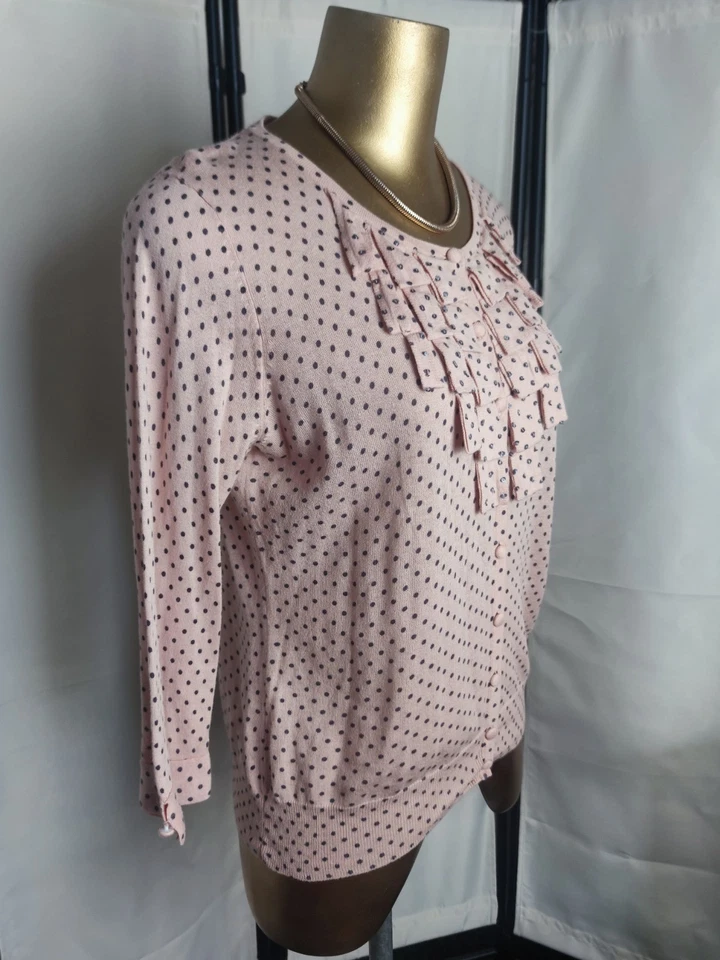 PER UNA CARDIGAN 14 PINK BLACK POLKA DOT SEQUINNED LOOP FRILL FRONT BUTTON UP — 第 3/4 张图片