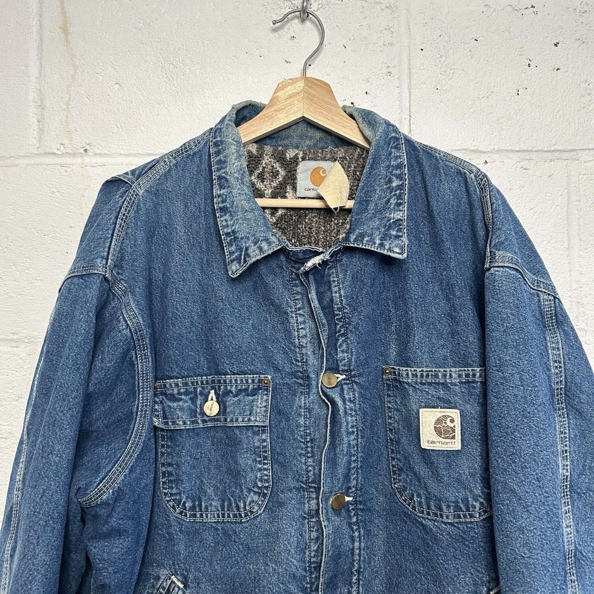 Vintage Carhartt Aztec Pile-Lined Denim Chore Jacket “Darkstone