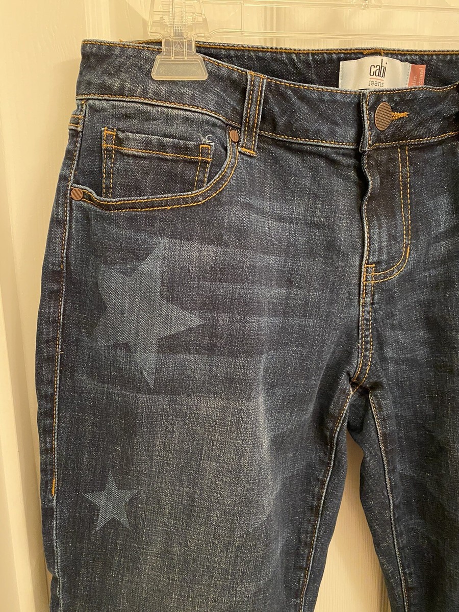 Cabi Slim Boyfriend Jeans Celebrity Wash Star Print Sz 8 Raw Frayed Hem Stretch View 3