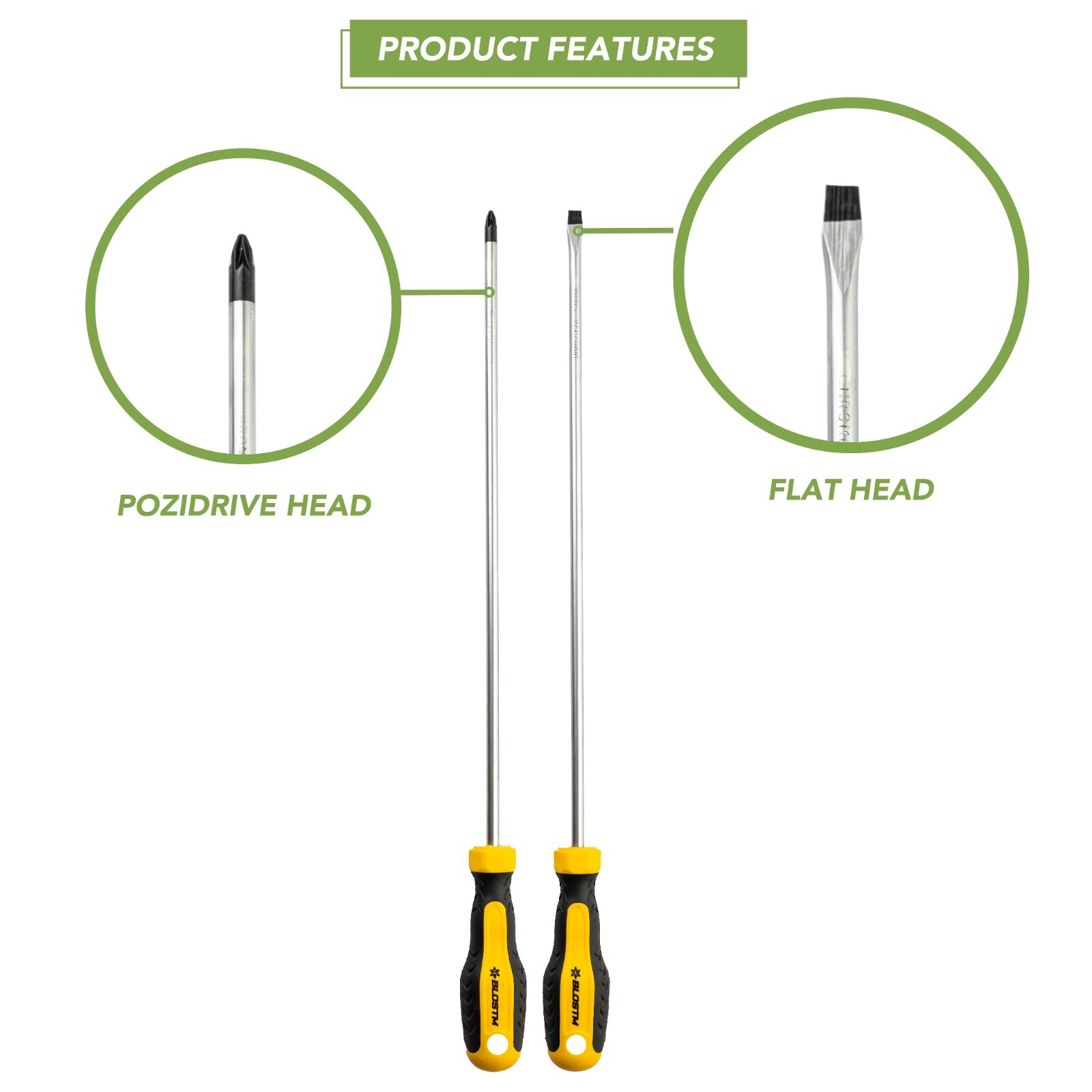 BLOSTM 2 x Extra Long Reach Screwdrivers Set PZ2 Pozidrive & Flat Head