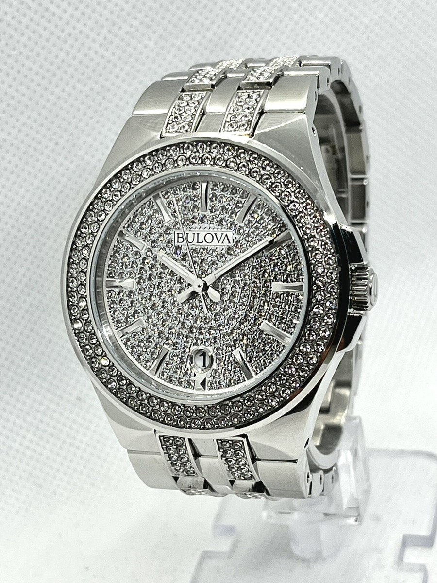 Bulova Crystal Swarovski Crystal Pave Dial Stainless Silver Men's
