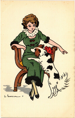 PC ARTIST SIGNED, LOURAINE, GLAMOUR LADY WITH DOG, Vintage Postcard (b51323)