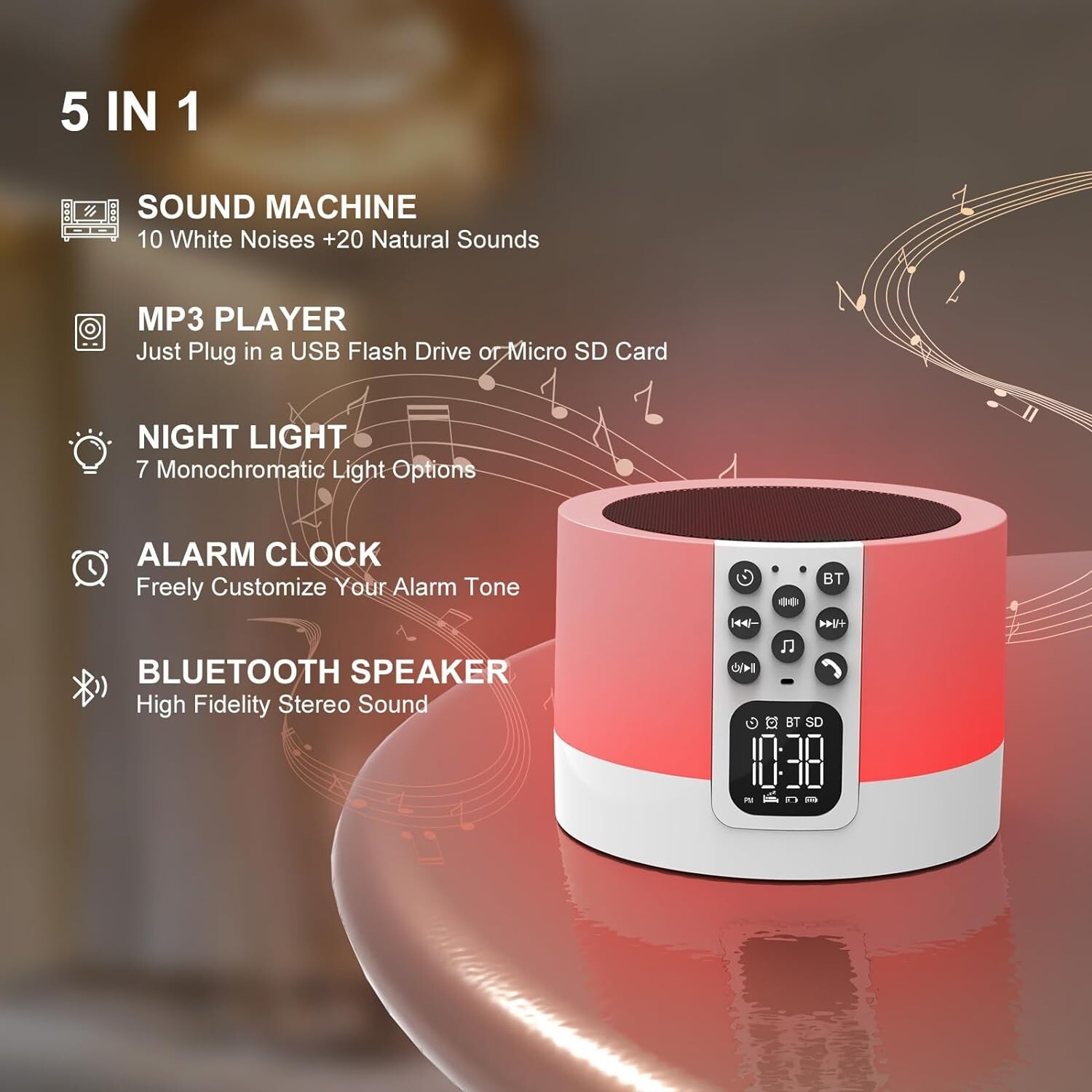 Night Light Bluetooth Speaker Alarm Clock, Sound Machine with White Noise