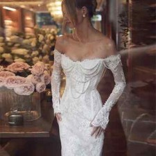 Vintage Mermaid Bridal Gown Lace Princess Prom Wedding Dresses Formal Beach