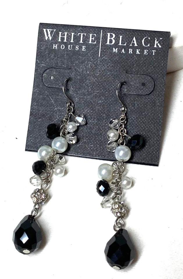 WHBM 长银色悬垂耳环黑色玻璃人造珍珠镜面球钩 — 第 2/4 张图片