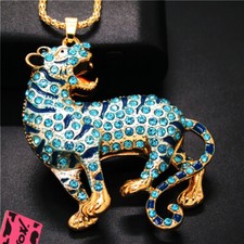 Hot Fashion Women Blue Rhinestone Animal Tiger Crystal Pendant Chain Necklace