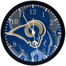 Rams Wall Clock Large 12" Black Frame Glass Face Non-Ticking E433