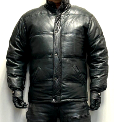 Men's Philippe Monet Black Leather Puffer Coat Size M - Very Warm