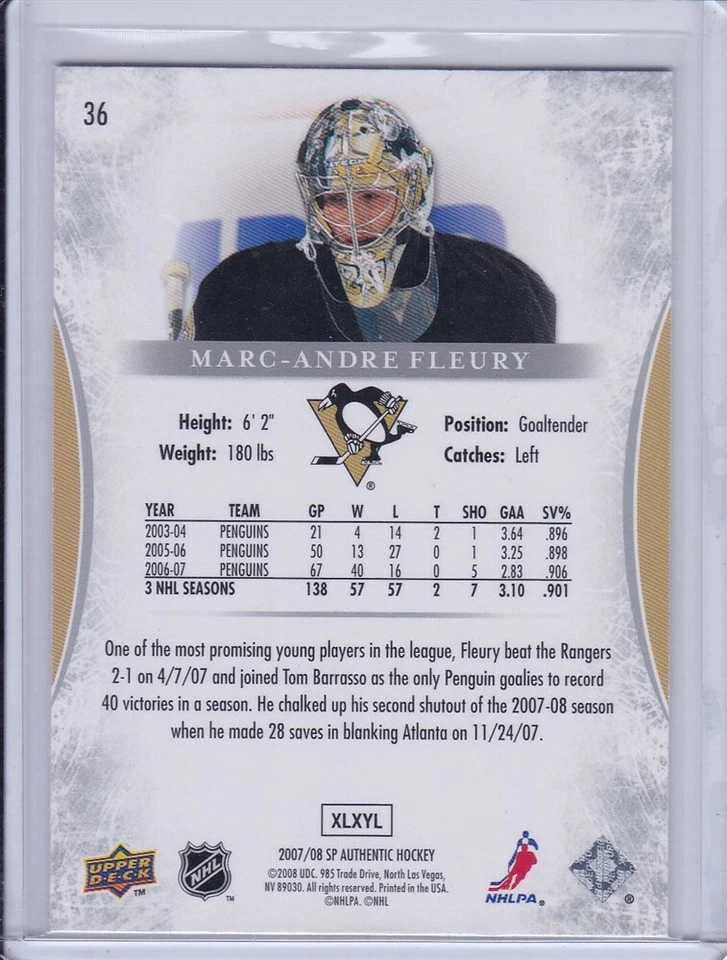 Marc-Andre Fleury 2007 SP Authentic Hockey Card 36 Grade MT - Image 2 of 2