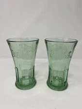 lot if 2 LIBBEY Heavy Green Glass Coca Cola COKE Flared 16oz Glasses 6-1/4in EUC